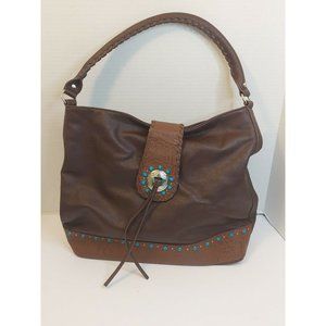 Women's Brown Leather Tote Purse, Western Cow Girl Purse, faux turquoise beads